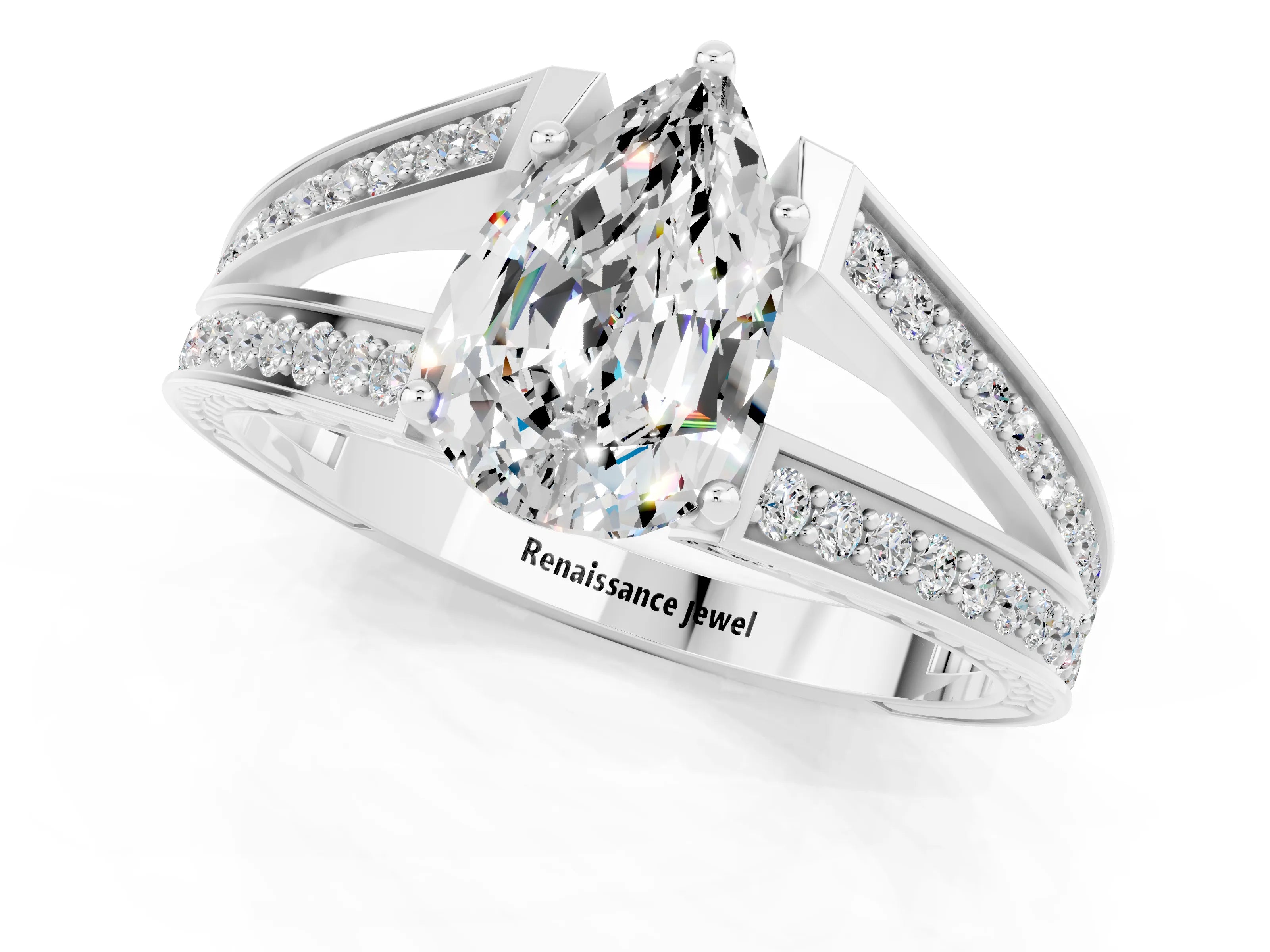 White gold Pear Cut Moissanite Split Shank Ring with Pavé Band and Four-Prong Setting_1
