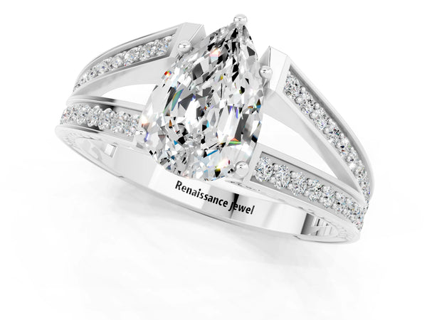 Silver Pear Cut Moissanite Split Shank Ring with Pavé Band and Four-Prong Setting