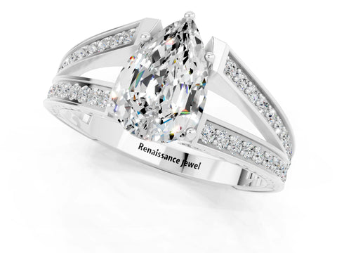 White gold Pear Cut Moissanite Split Shank Ring with Pavé Band and Four-Prong Setting_1