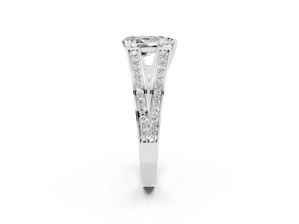 Platinum Pear Cut Moissanite Split Shank Ring with Pavé Band and Four-Prong Setting