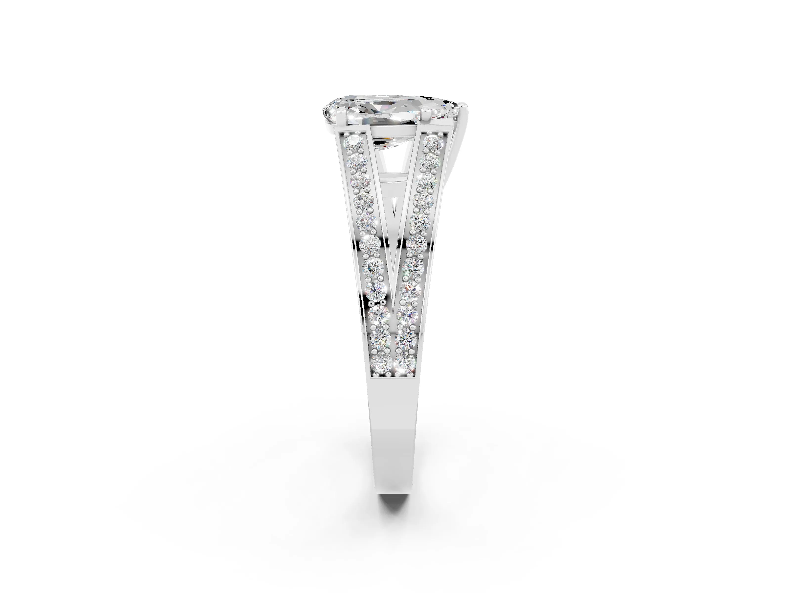 White gold Pear Cut Moissanite Split Shank Ring with Pavé Band and Four-Prong Setting_2