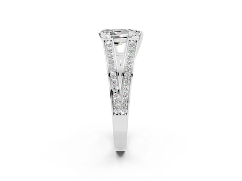 White gold Pear Cut Moissanite Split Shank Ring with Pavé Band and Four-Prong Setting_2