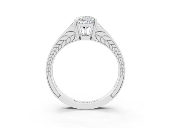 Silver Pear Cut Moissanite Split Shank Ring with Pavé Band and Four-Prong Setting