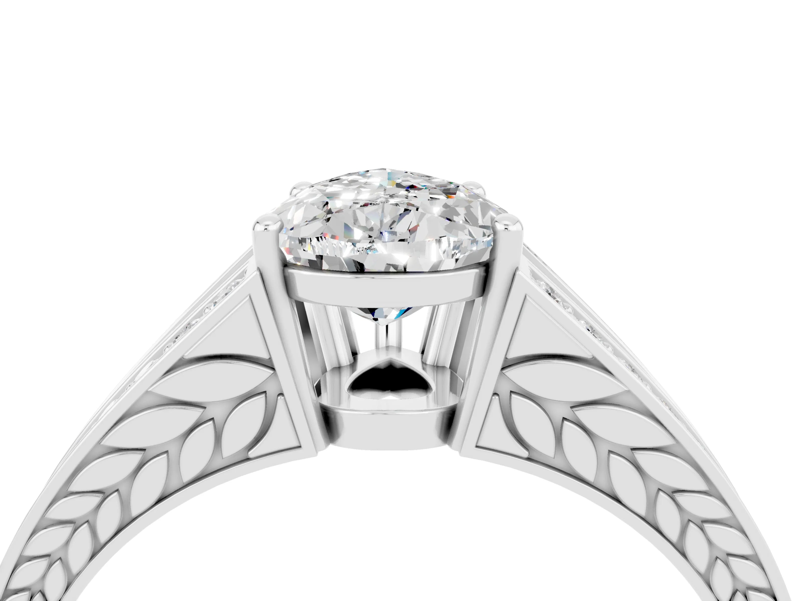 White gold Pear Cut Moissanite Split Shank Ring with Pavé Band and Four-Prong Setting_4