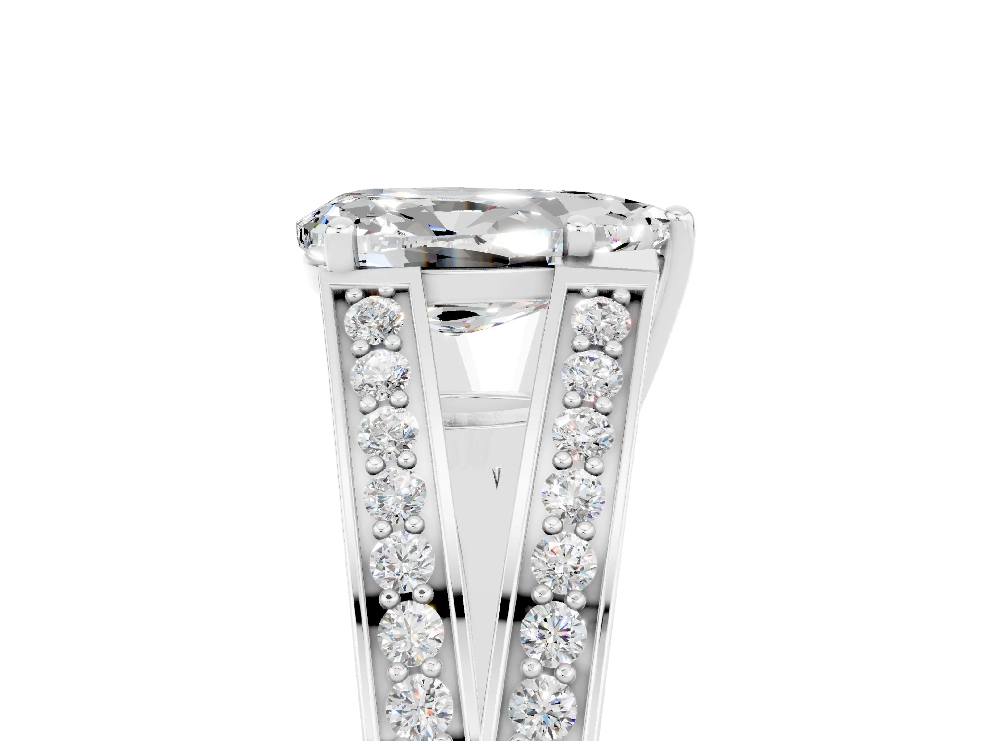 White gold Pear Cut Moissanite Split Shank Ring with Pavé Band and Four-Prong Setting_5