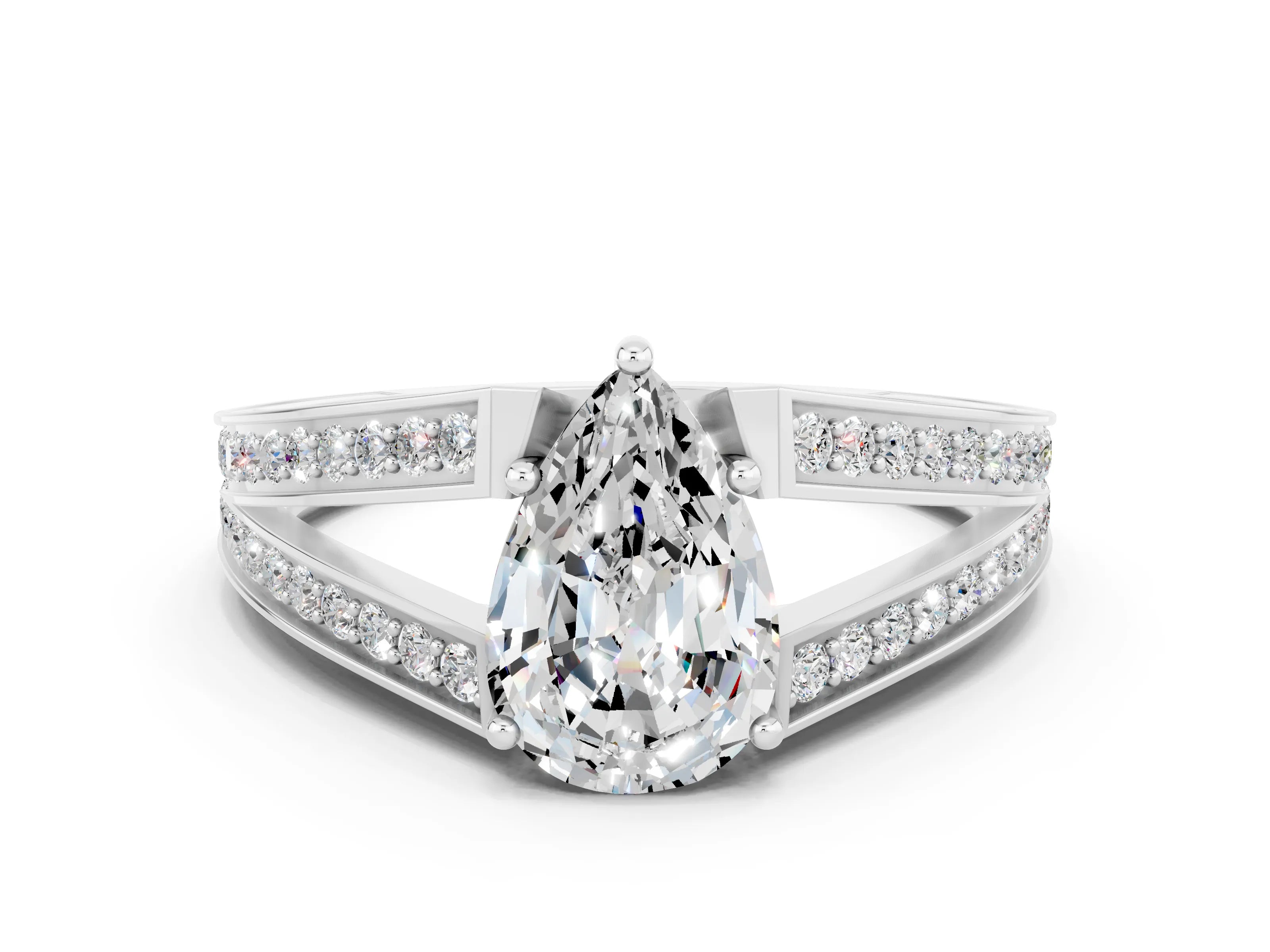 White gold Pear Cut Moissanite Split Shank Ring with Pavé Band and Four-Prong Setting