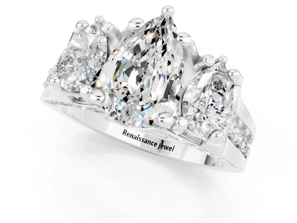 Platinum Pear Cut Moissanite Three-Stone Ring with Channel Set Band and Four-Prong Setting