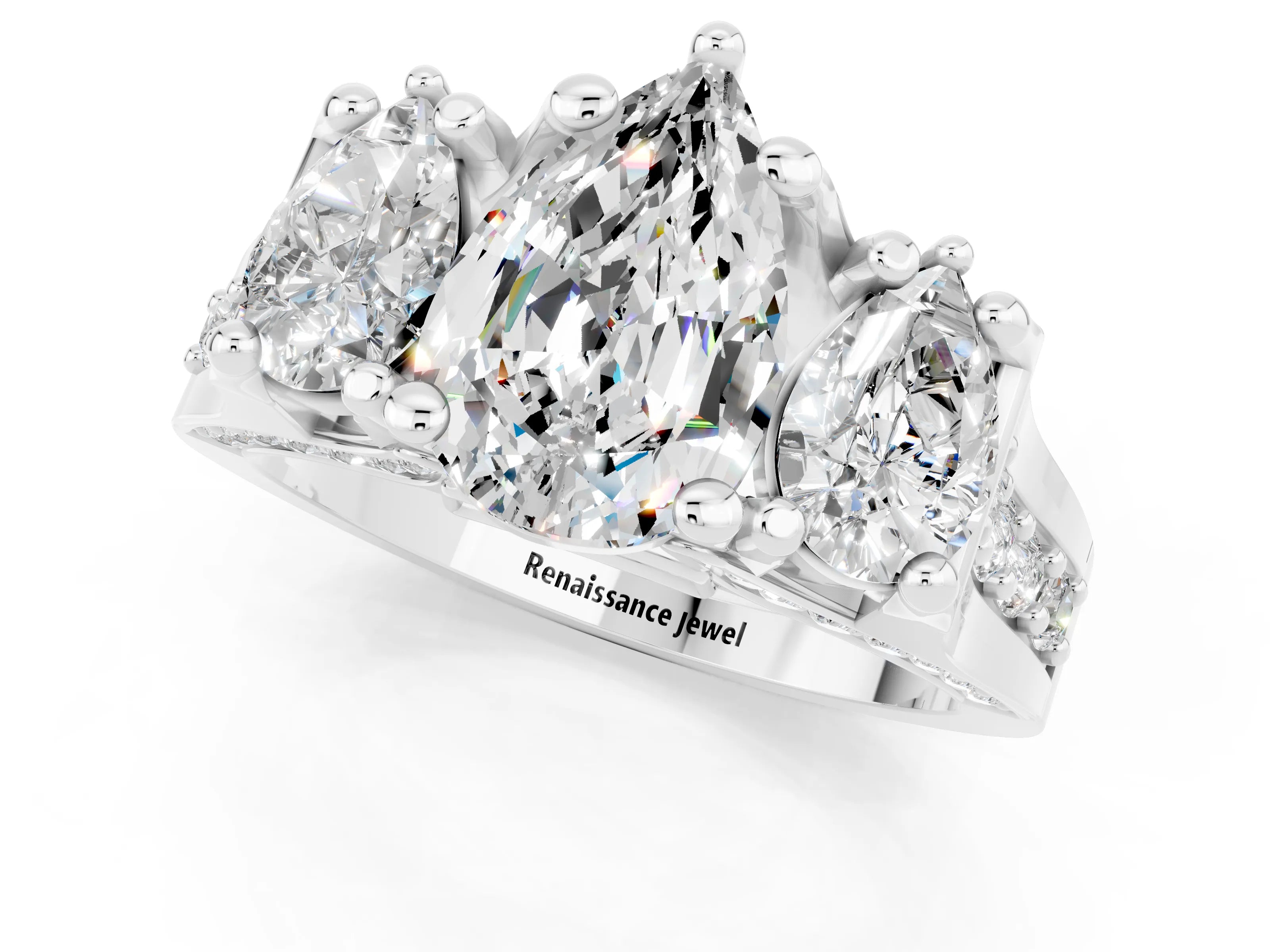 White gold Pear Cut Moissanite Three-Stone Ring with Channel Set Band and Four-Prong Setting_1