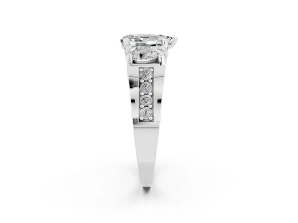 Silver Pear Cut Moissanite Three-Stone Ring with Channel Set Band and Four-Prong Setting