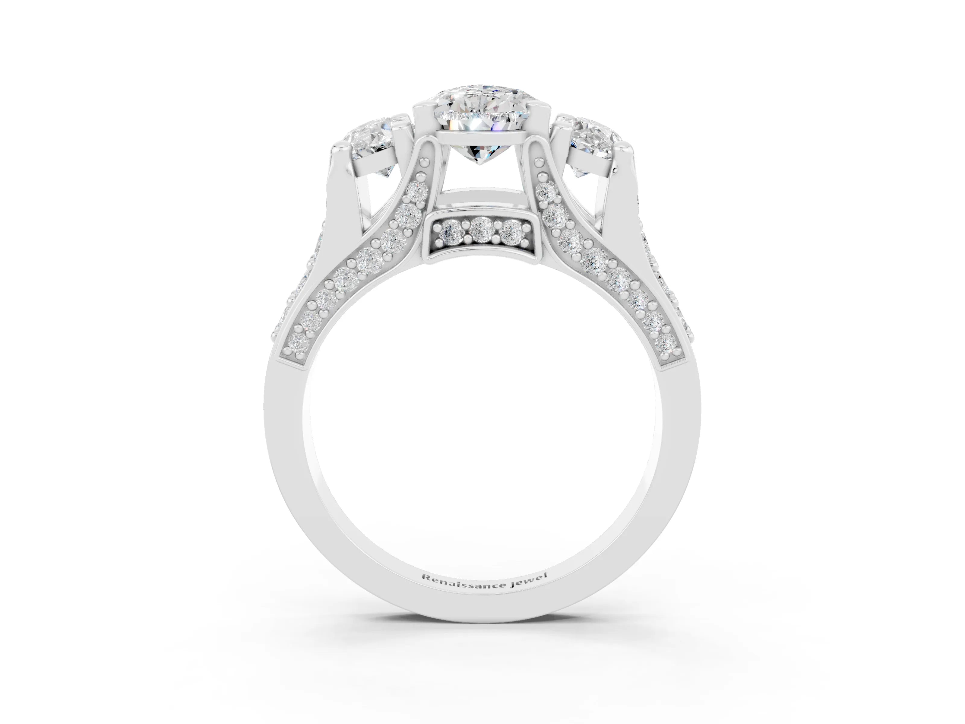 White gold Pear Cut Moissanite Three-Stone Ring with Channel Set Band and Four-Prong Setting_3