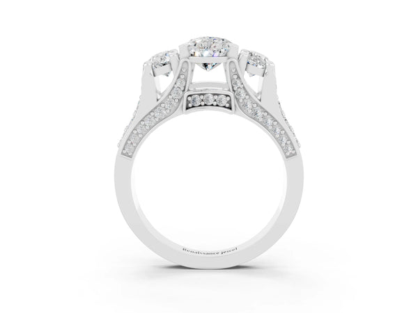 White gold Pear Cut Moissanite Three-Stone Ring with Channel Set Band and Four-Prong Setting