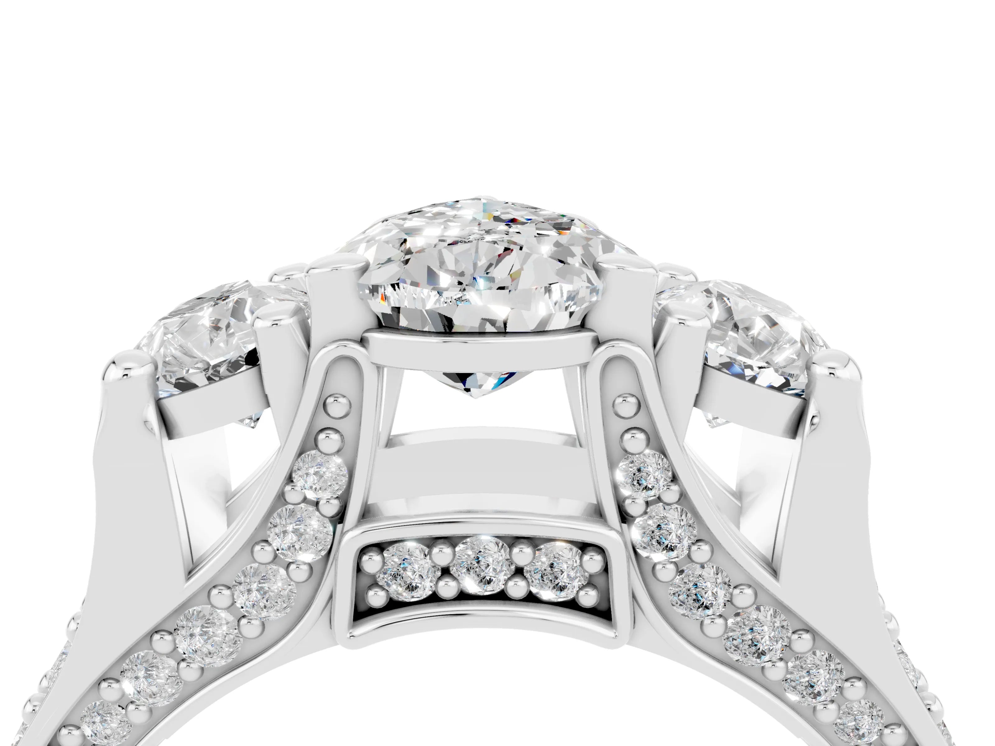 White gold Pear Cut Moissanite Three-Stone Ring with Channel Set Band and Four-Prong Setting_4