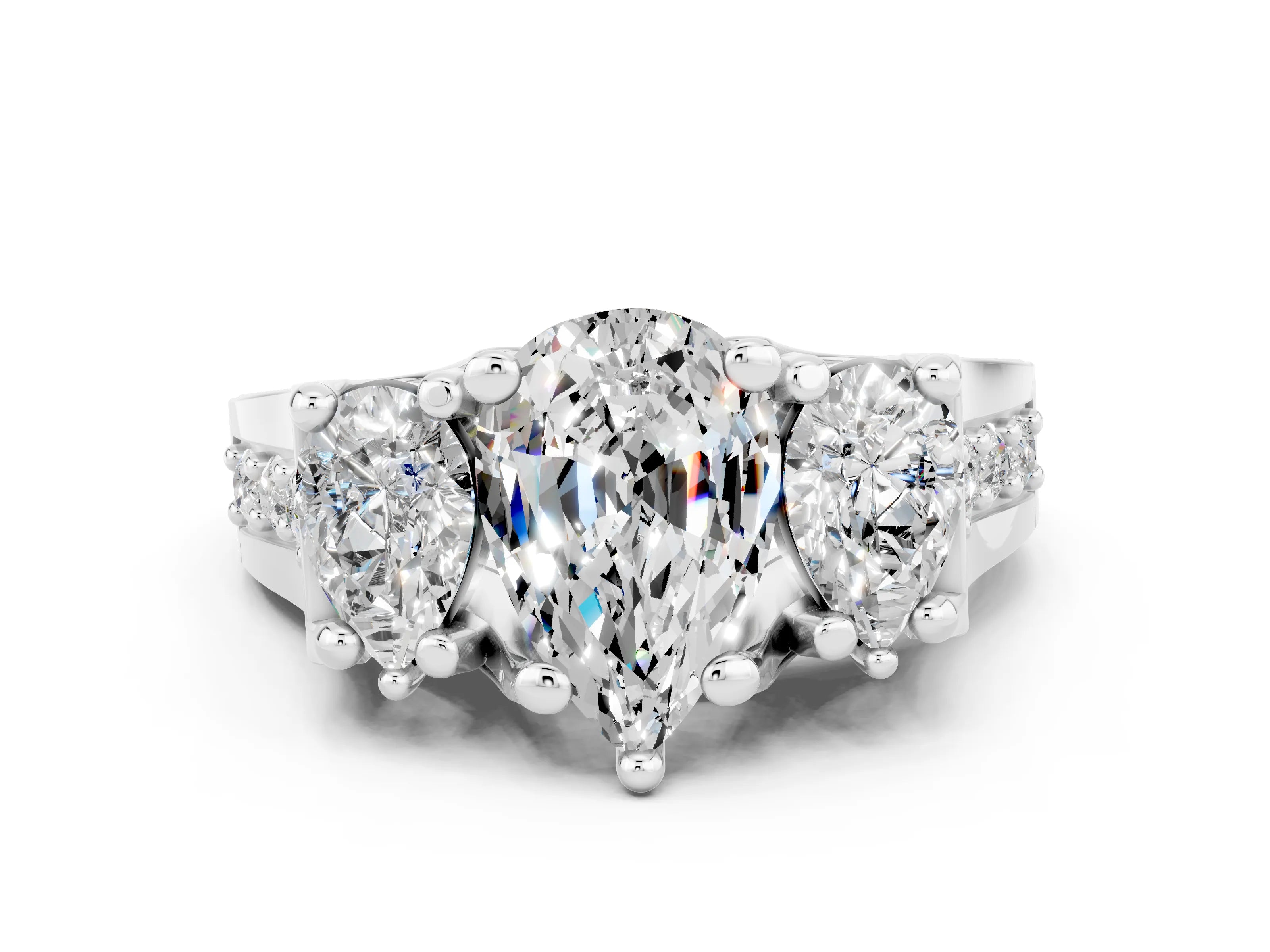 White gold Pear Cut Moissanite Three-Stone Ring with Channel Set Band and Four-Prong Setting