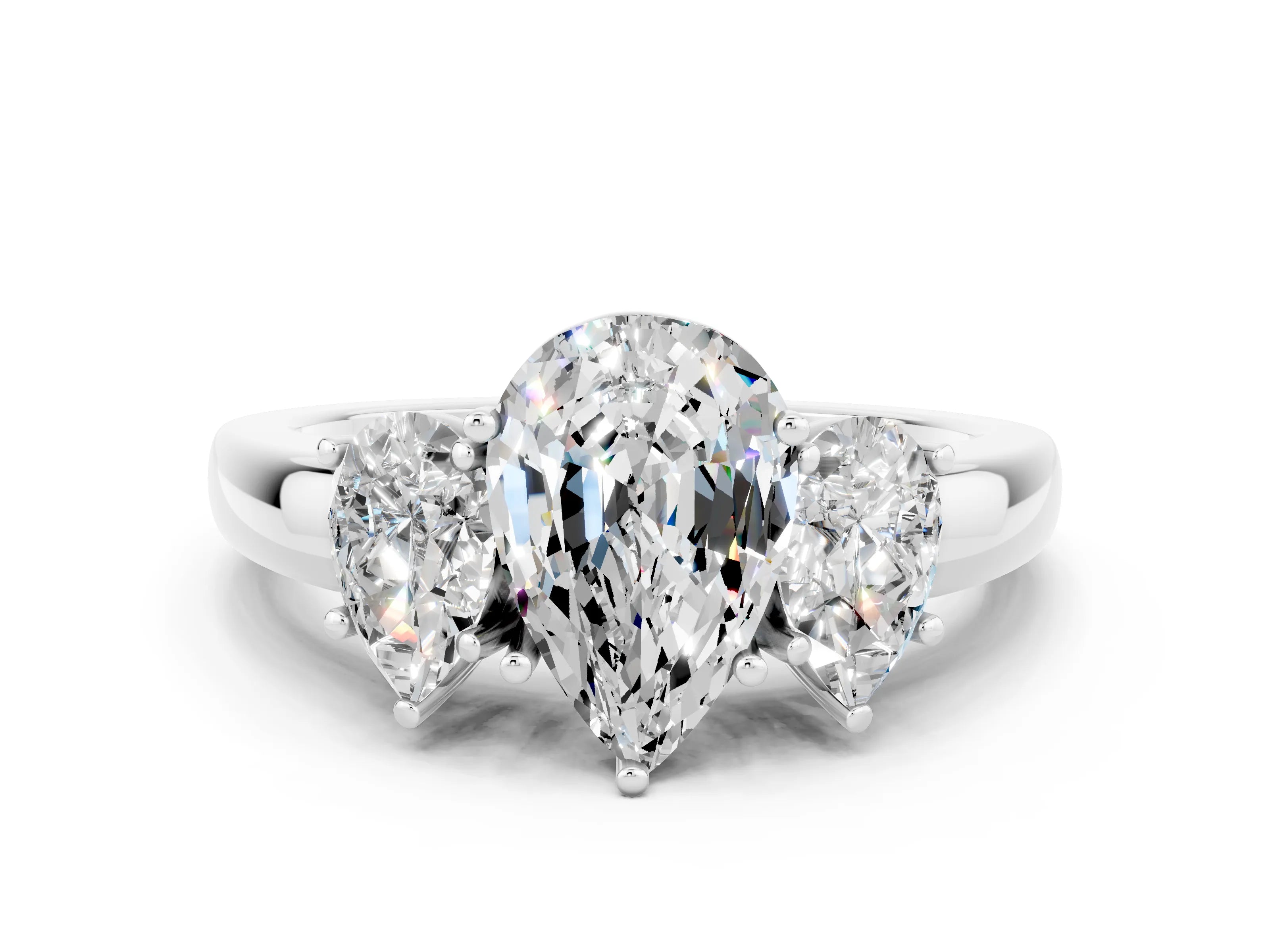 White gold Pear Cut Moissanite Three-Stone Ring with Four-Prong Setting and Classic Band