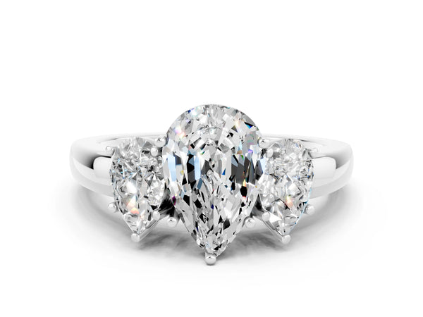 Platinum Pear Cut Moissanite Three-Stone Ring with Four-Prong Setting and Classic Band