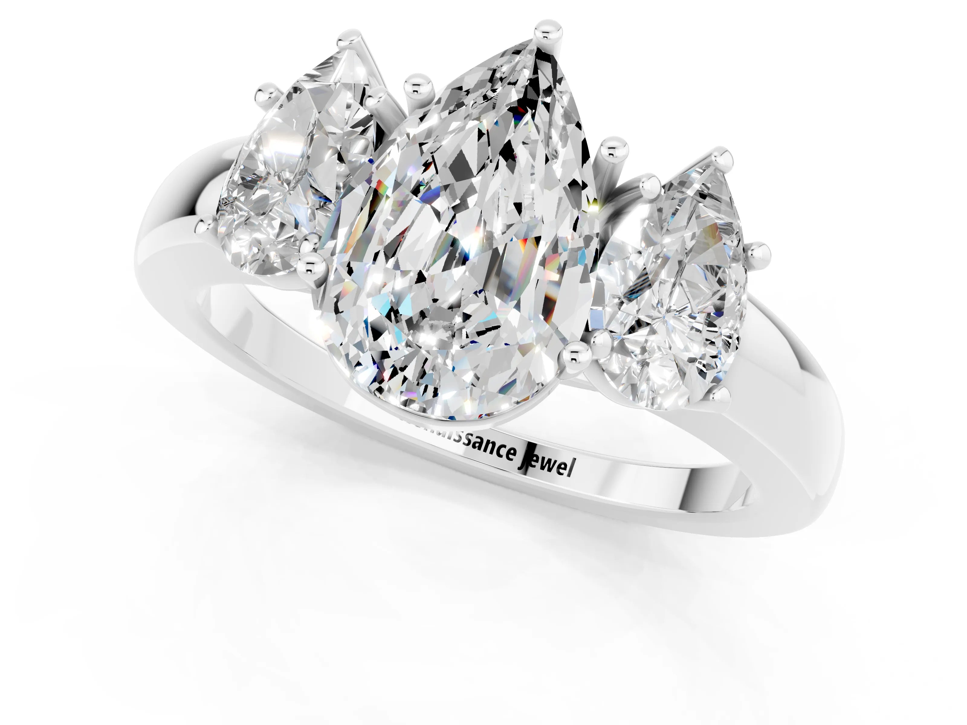 White gold Pear Cut Moissanite Three-Stone Ring with Four-Prong Setting and Classic Band_1