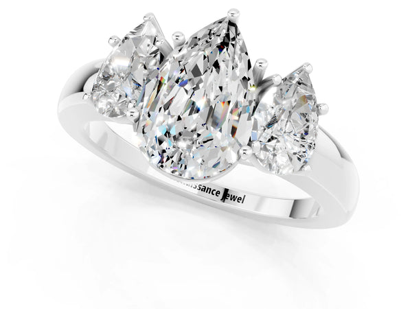 White gold Pear Cut Moissanite Three-Stone Ring with Four-Prong Setting and Classic Band