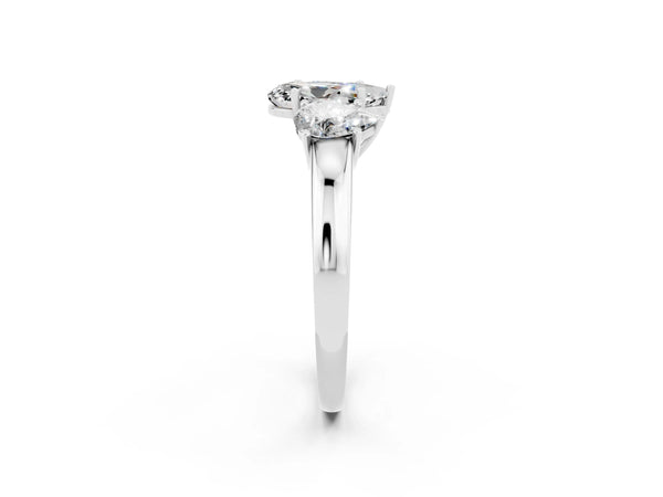 Platinum Pear Cut Moissanite Three-Stone Ring with Four-Prong Setting and Classic Band
