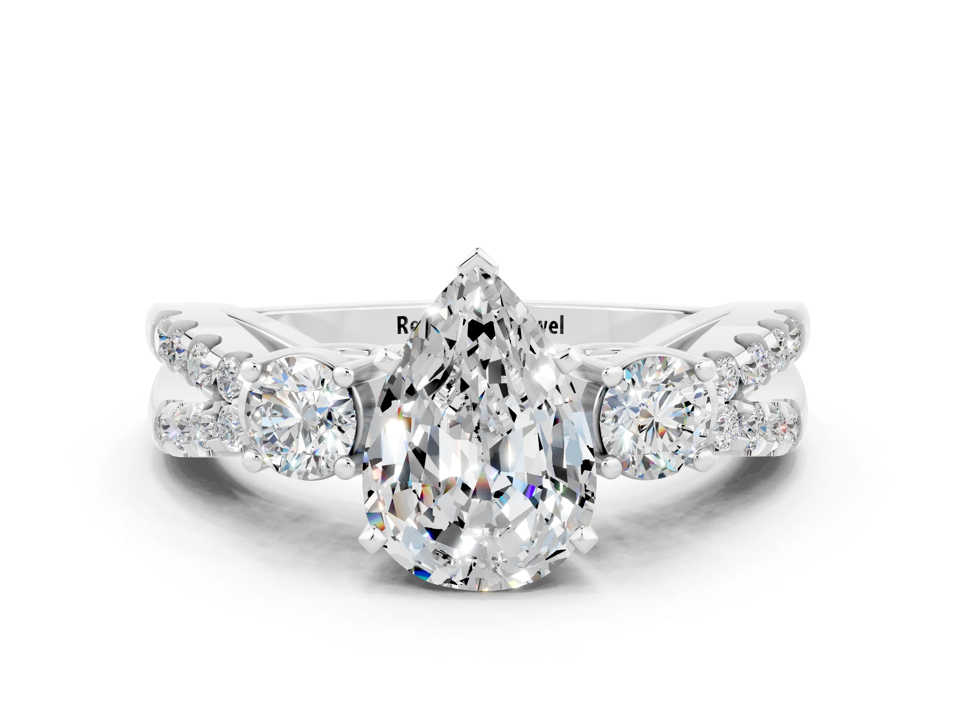 White gold Pear Cut Moissanite Three-Stone Ring with Pavé Split Shank and Four-Prong Setting_12