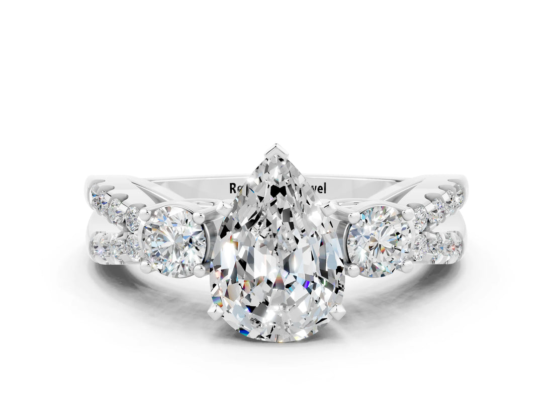 White gold Pear Cut Moissanite Three-Stone Ring with Pavé Split Shank and Four-Prong Setting_12