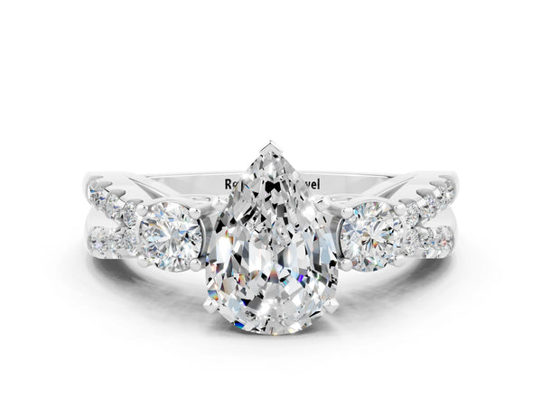 Silver Pear Cut Moissanite Three-Stone Ring with Pavé Split Shank and Four-Prong Setting