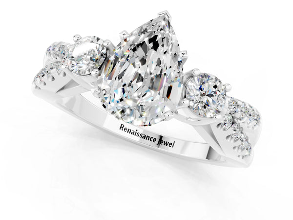 Silver Pear Cut Moissanite Three-Stone Ring with Pavé Split Shank and Four-Prong Setting