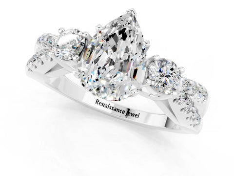 White gold Pear Cut Moissanite Three-Stone Ring with Pavé Split Shank and Four-Prong Setting_13