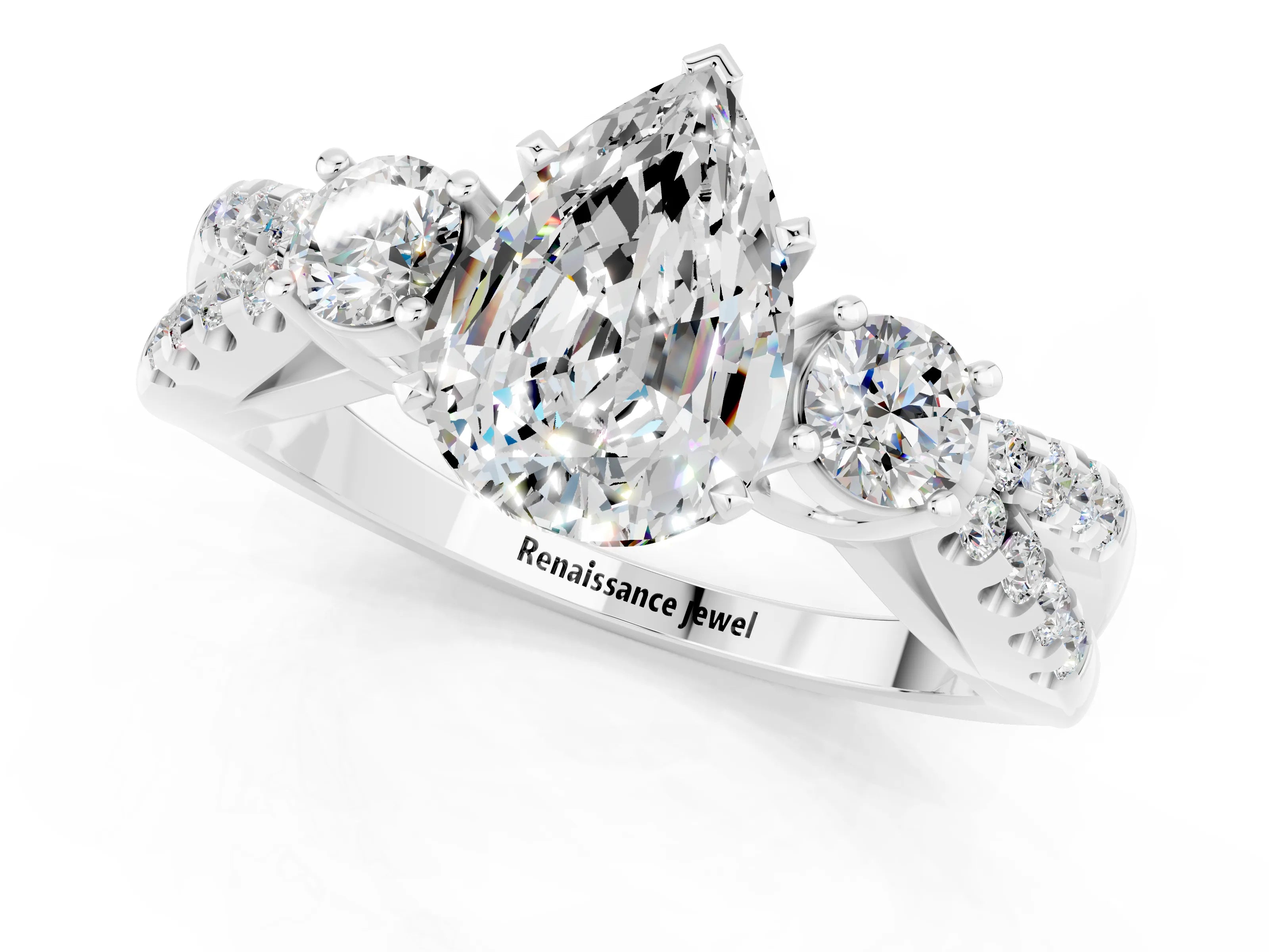 White gold Pear Cut Moissanite Three-Stone Ring with Pavé Split Shank and Four-Prong Setting_13