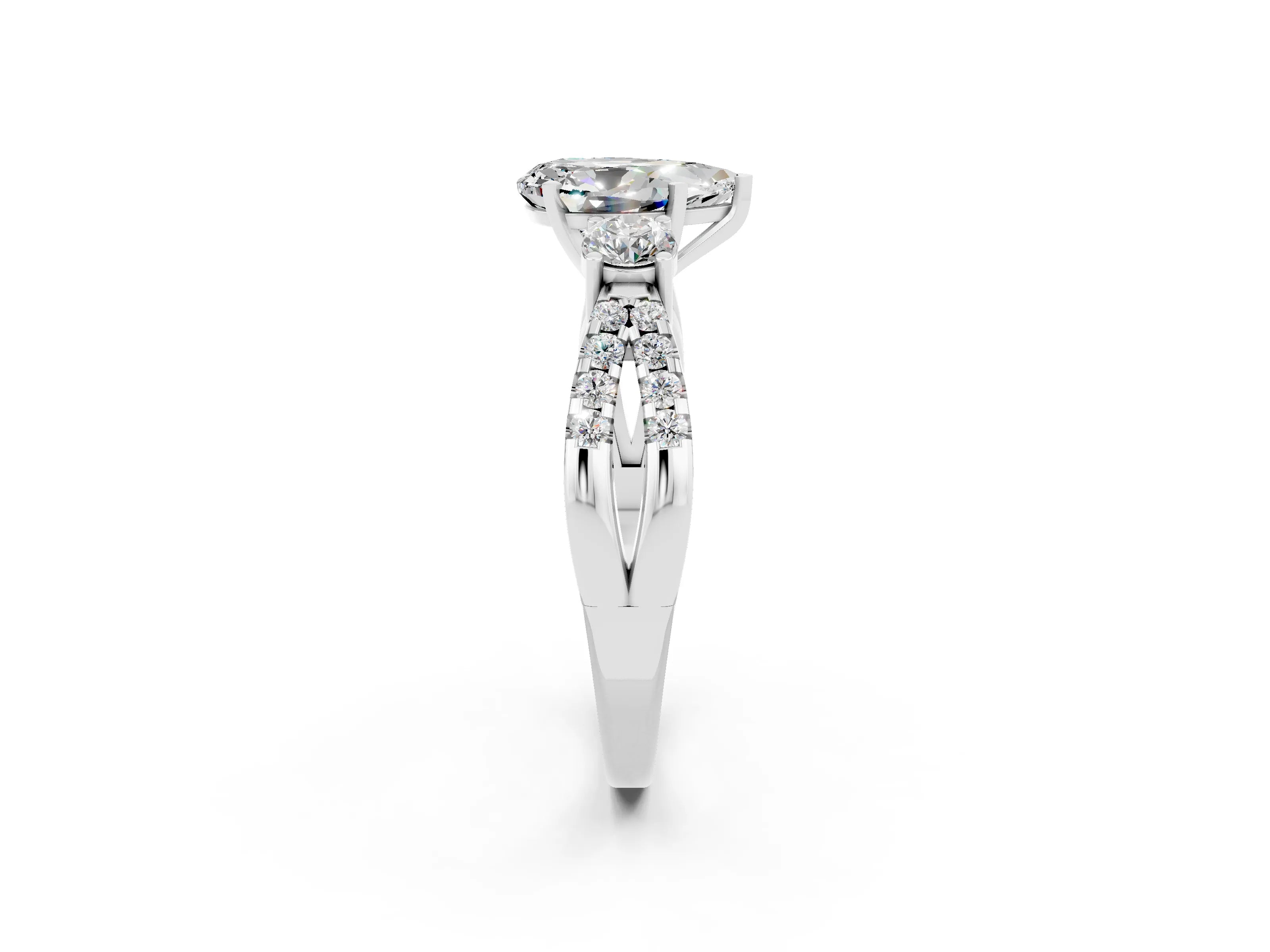 White gold Pear Cut Moissanite Three-Stone Ring with Pavé Split Shank and Four-Prong Setting_14