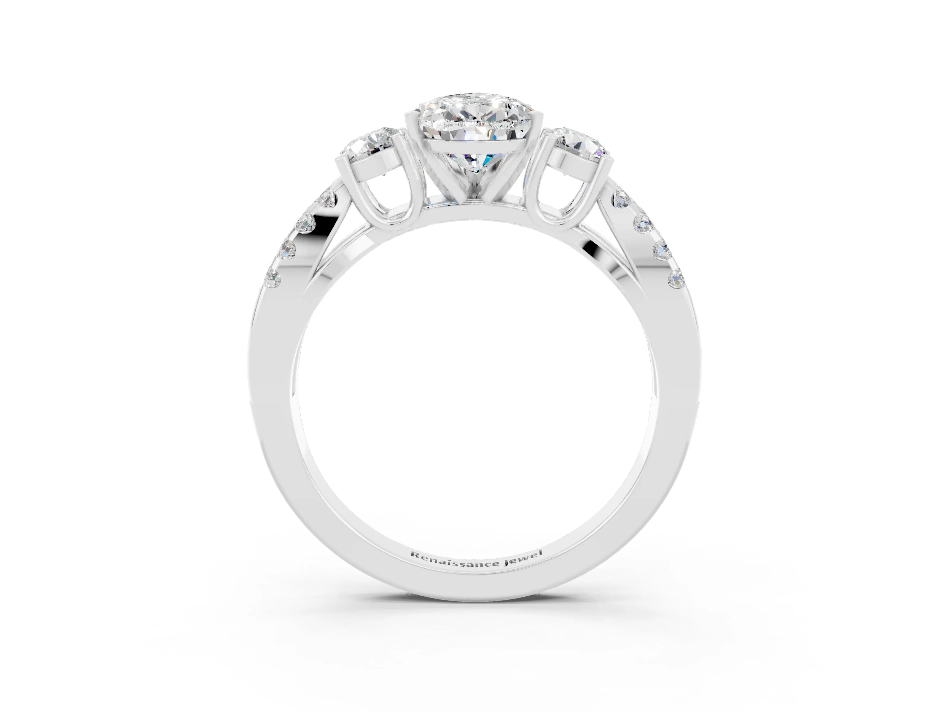 White gold Pear Cut Moissanite Three-Stone Ring with Pavé Split Shank and Four-Prong Setting_15
