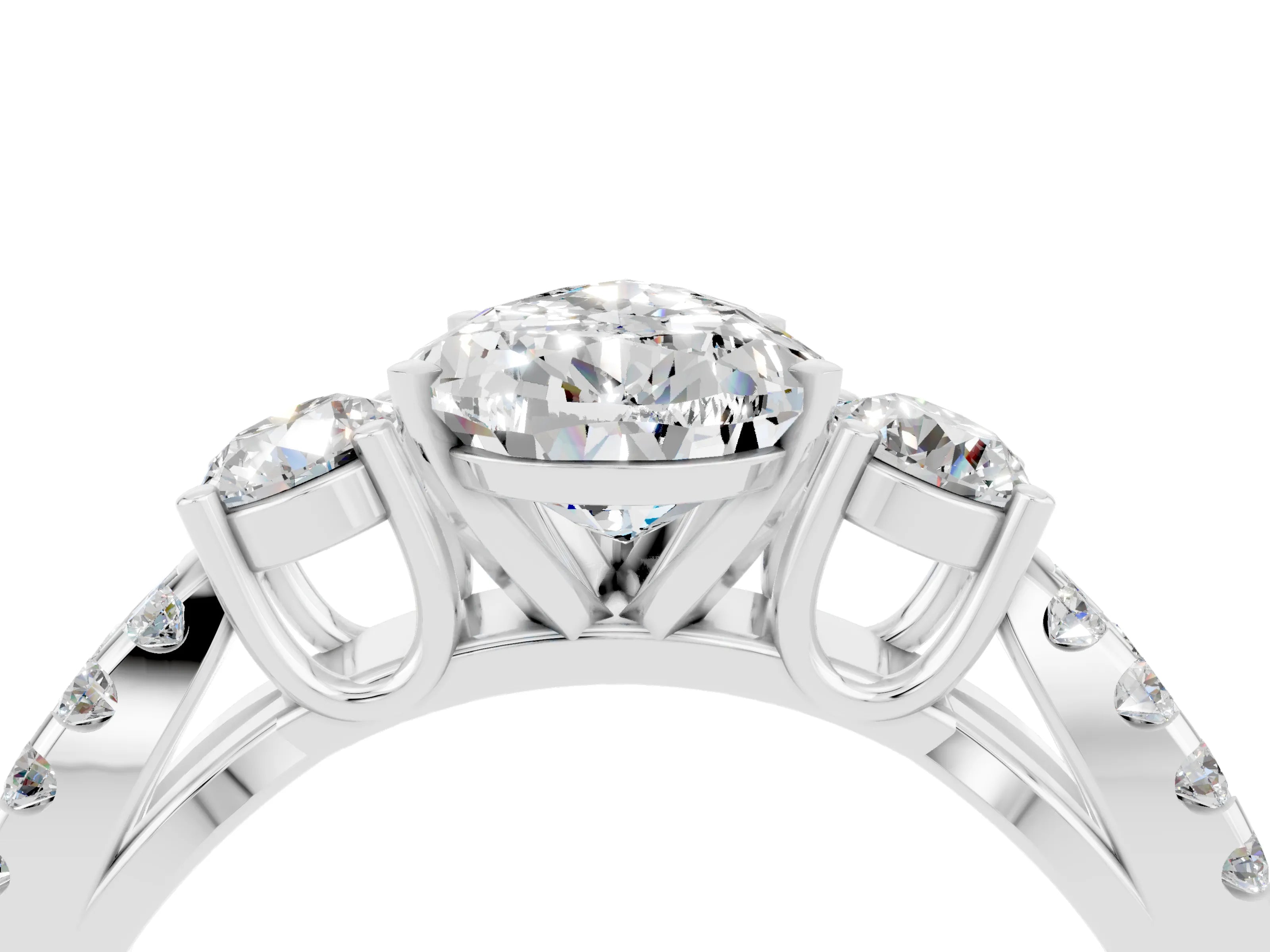 White gold Pear Cut Moissanite Three-Stone Ring with Pavé Split Shank and Four-Prong Setting_16