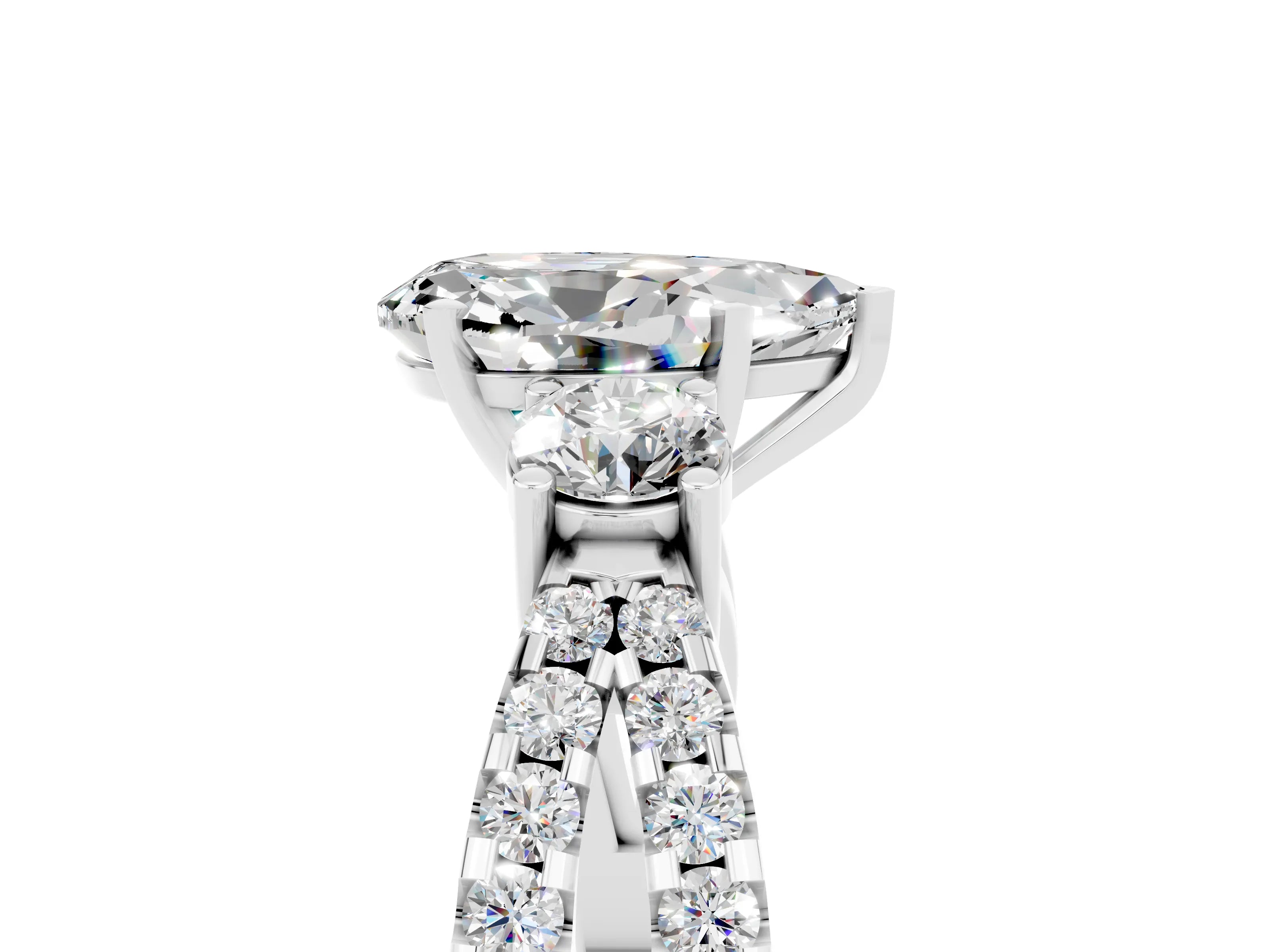 White gold Pear Cut Moissanite Three-Stone Ring with Pavé Split Shank and Four-Prong Setting_17