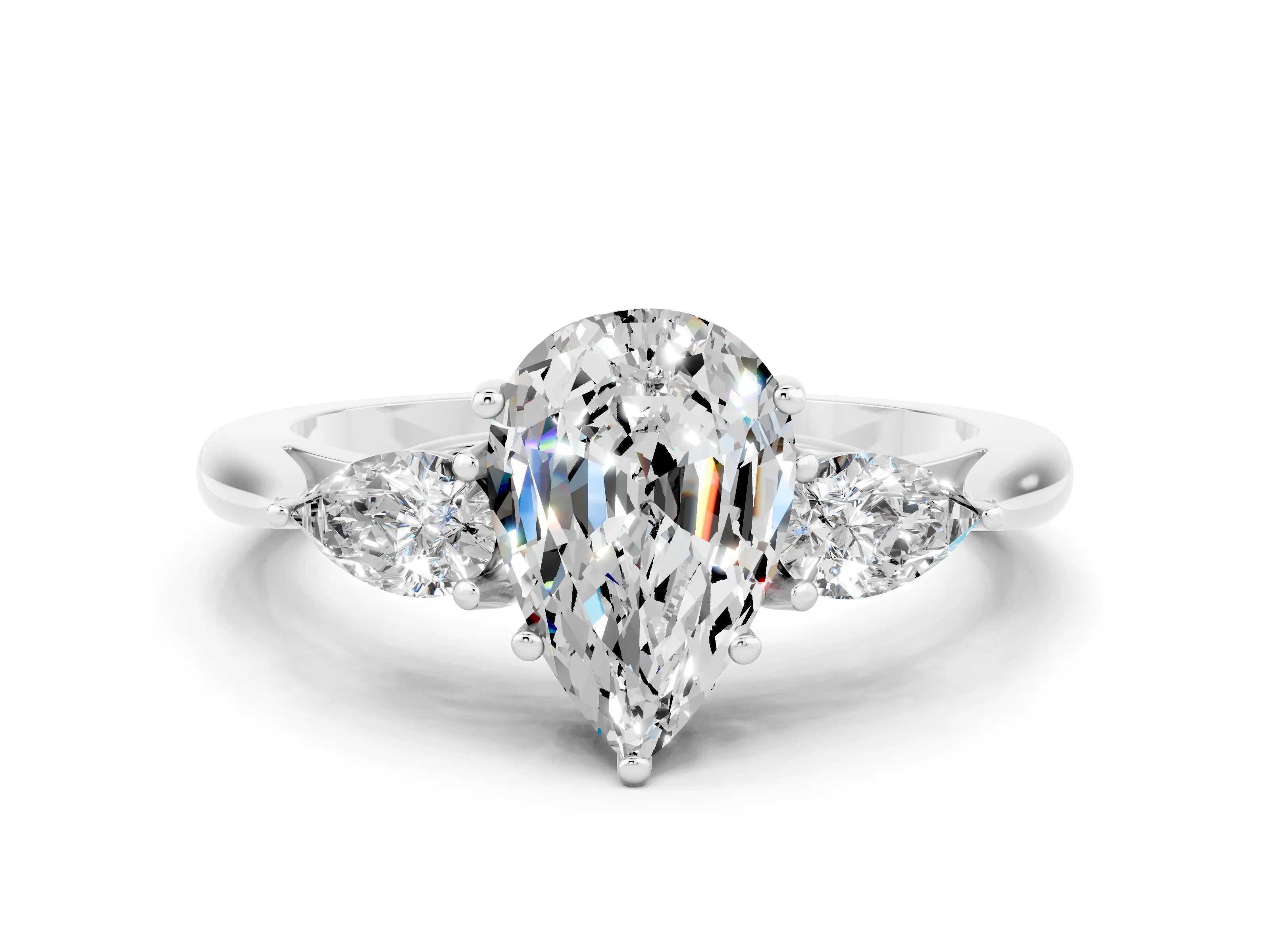 White gold Pear Cut Moissanite Three-Stone Ring with Pear Side Stones and Four-Prong Setting_12