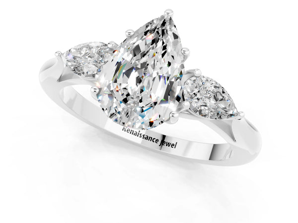 White gold Pear Cut Moissanite Three-Stone Ring with Pear  Side Stones and Prong Setting