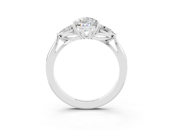Platinum Pear Cut Moissanite Three-Stone Ring with Pear  Side Stones and Prong Setting