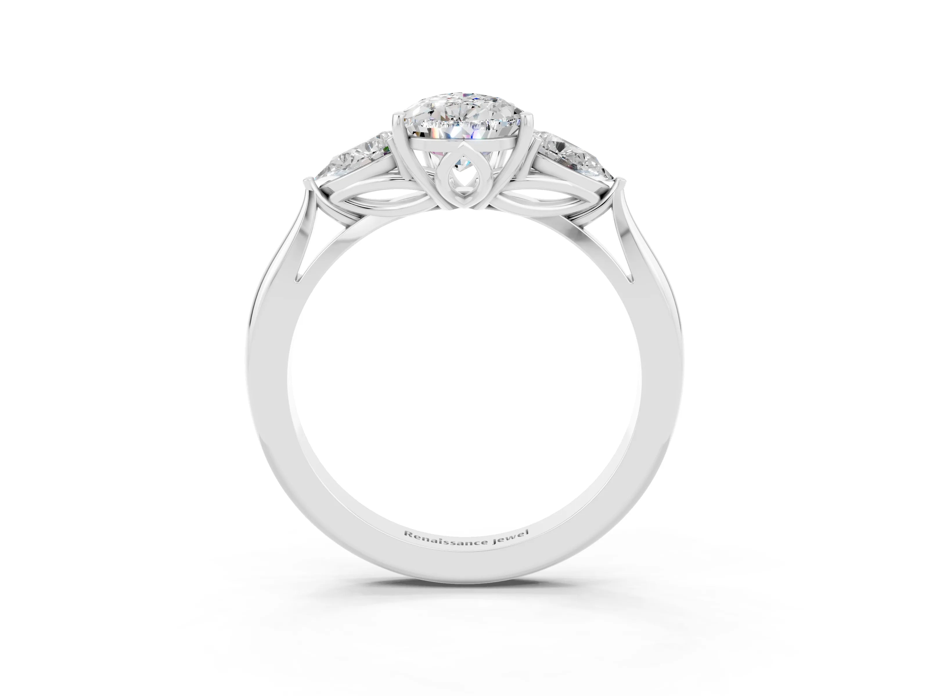 White gold Pear Cut Moissanite Three-Stone Ring with Pear Side Stones and Four-Prong Setting_15