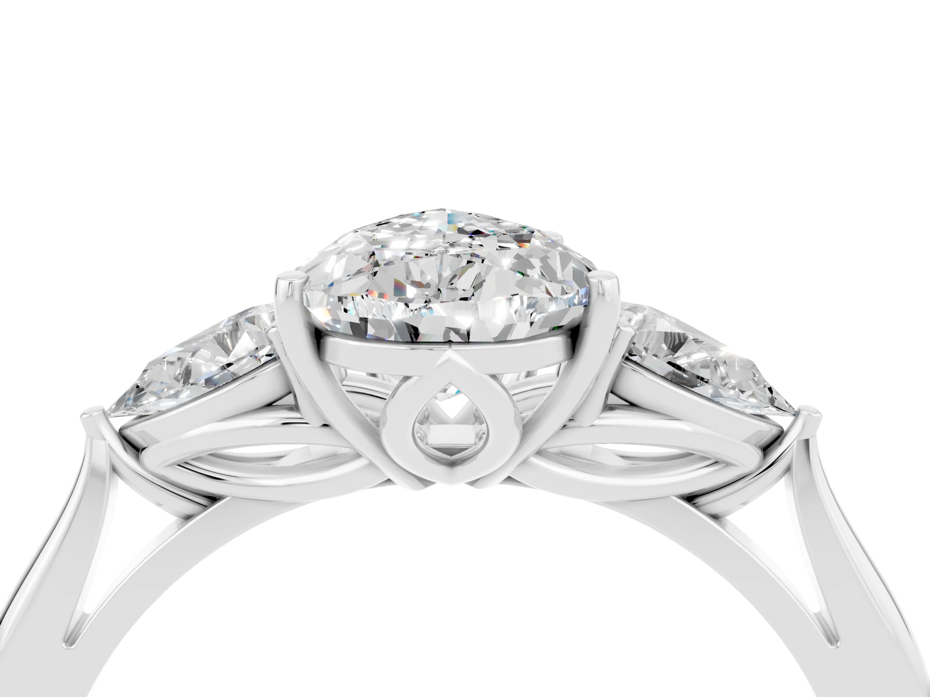 White gold Pear Cut Moissanite Three-Stone Ring with Pear Side Stones and Four-Prong Setting_16