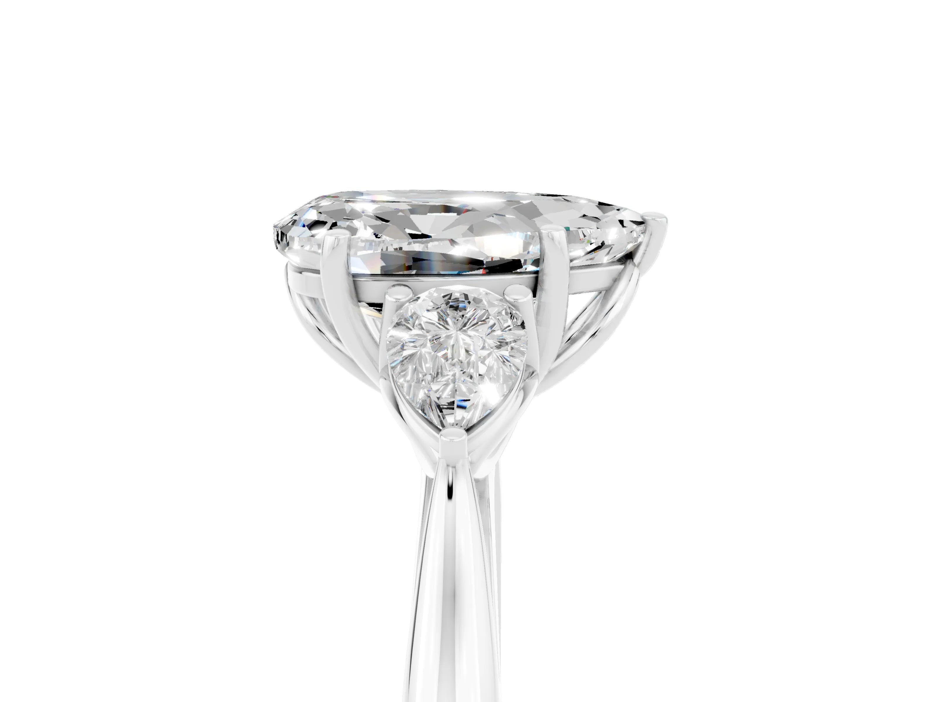 White gold Pear Cut Moissanite Three-Stone Ring with Pear Side Stones and Four-Prong Setting_17