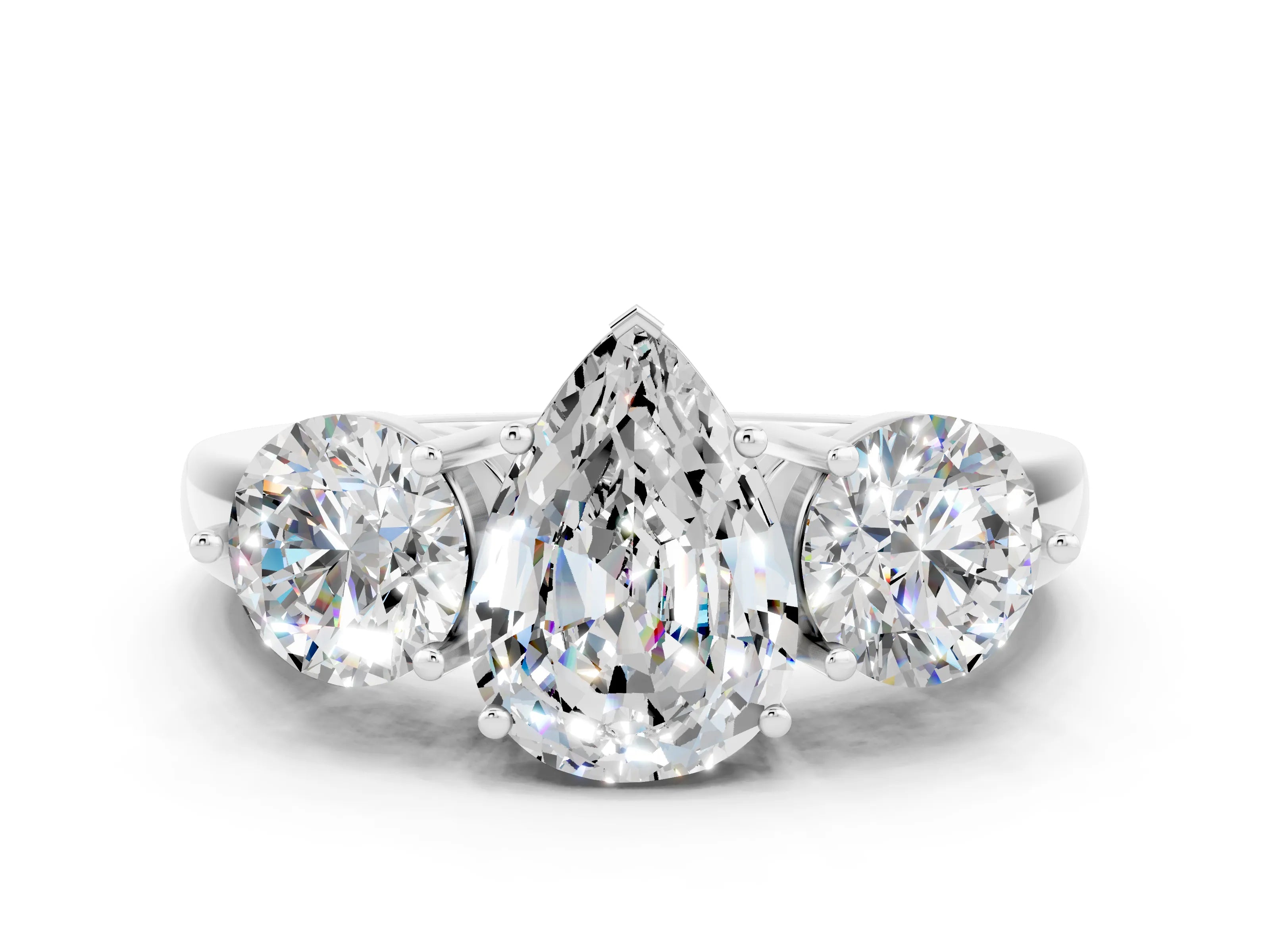 White gold Pear Cut Moissanite Three-Stone Ring with Prong Setting and Classic Band