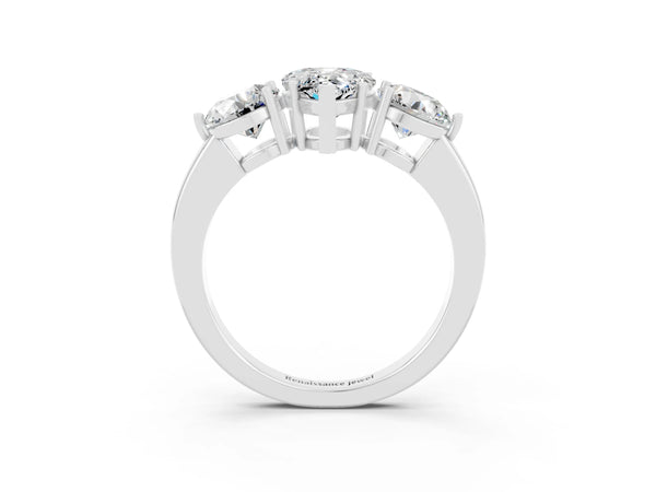 Silver Pear Cut Moissanite Three-Stone Ring with Prong Setting and Classic Band
