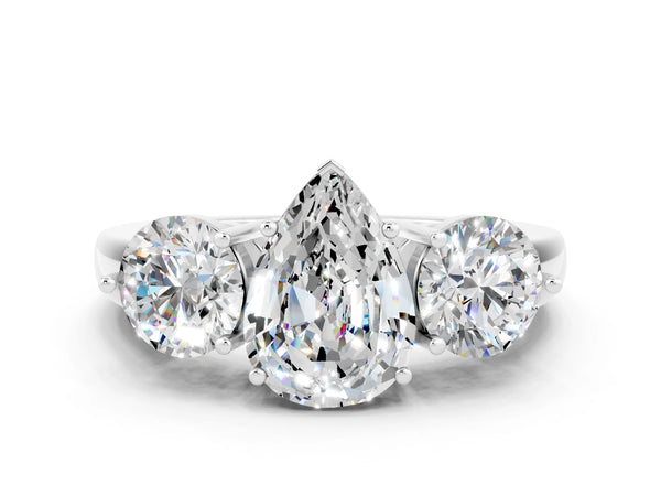 White gold Pear Cut Moissanite Three-Stone Ring with Prong Setting and Classic Band