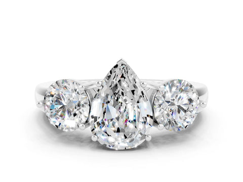 White gold Pear Cut Moissanite Three-Stone Ring with Prong Setting and Classic Band