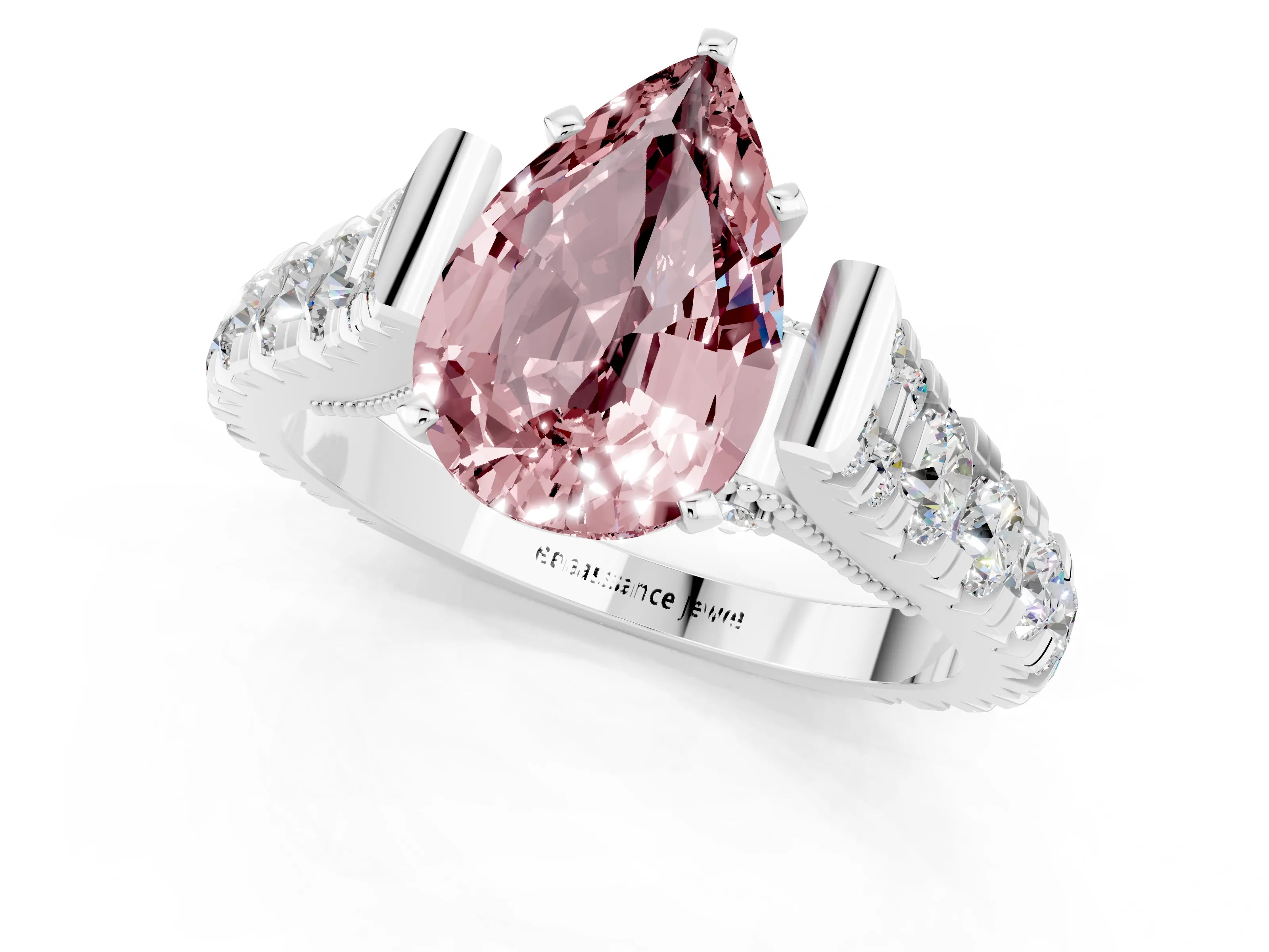 White gold Pear Cut Morganite Classic Solitaire Ring with Pavé Band and Four-Prong Setting_1