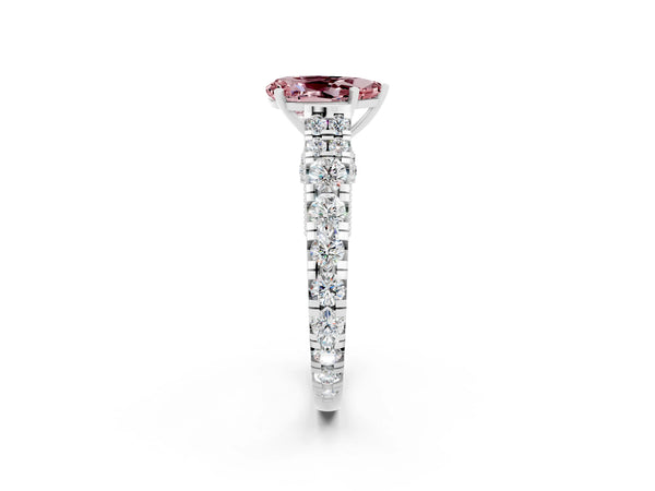Silver Pear Cut Morganite Classic Solitaire Ring with Pavé Band and Four-Prong Setting