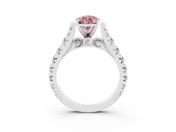 Platinum Pear Cut Morganite Classic Solitaire Ring with Pavé Band and Four-Prong Setting
