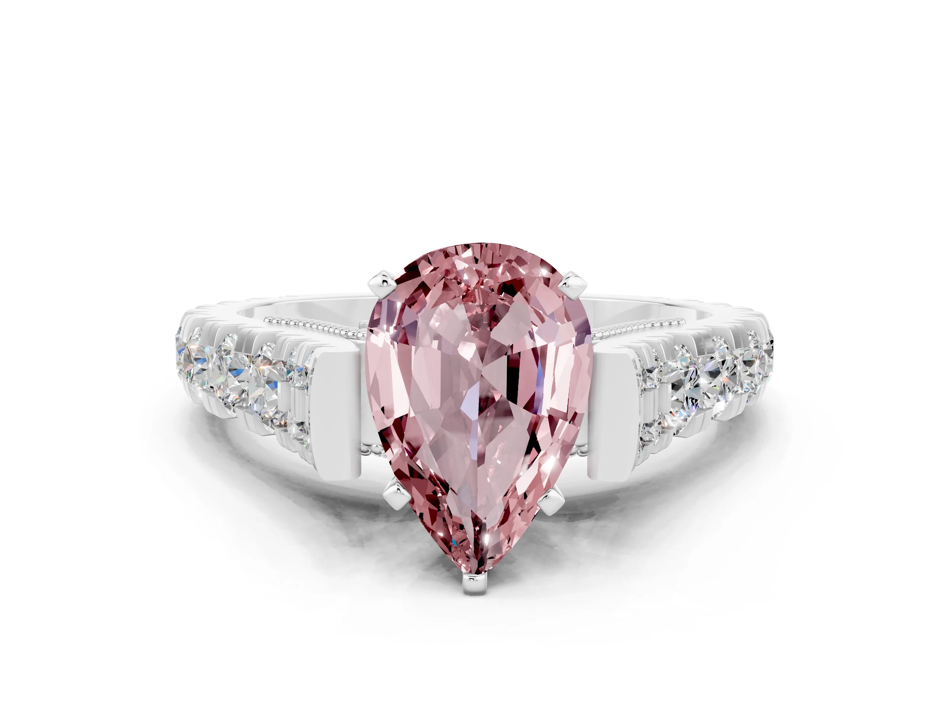 White gold Pear Cut Morganite Classic Solitaire Ring with Pavé Band and Four-Prong Setting