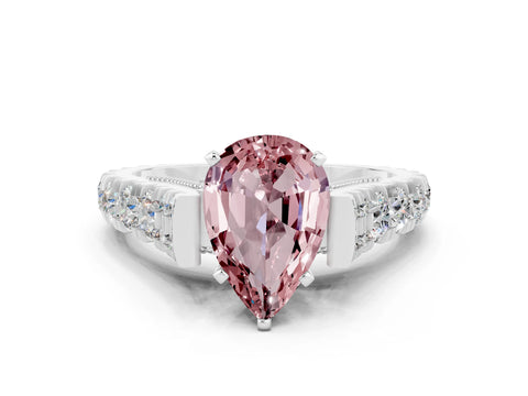 White gold Pear Cut Morganite Classic Solitaire Ring with Pavé Band and Four-Prong Setting