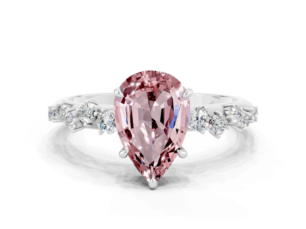 Silver Pear Cut Morganite Cluster Side Stone Solitaire Ring with Prong Setting