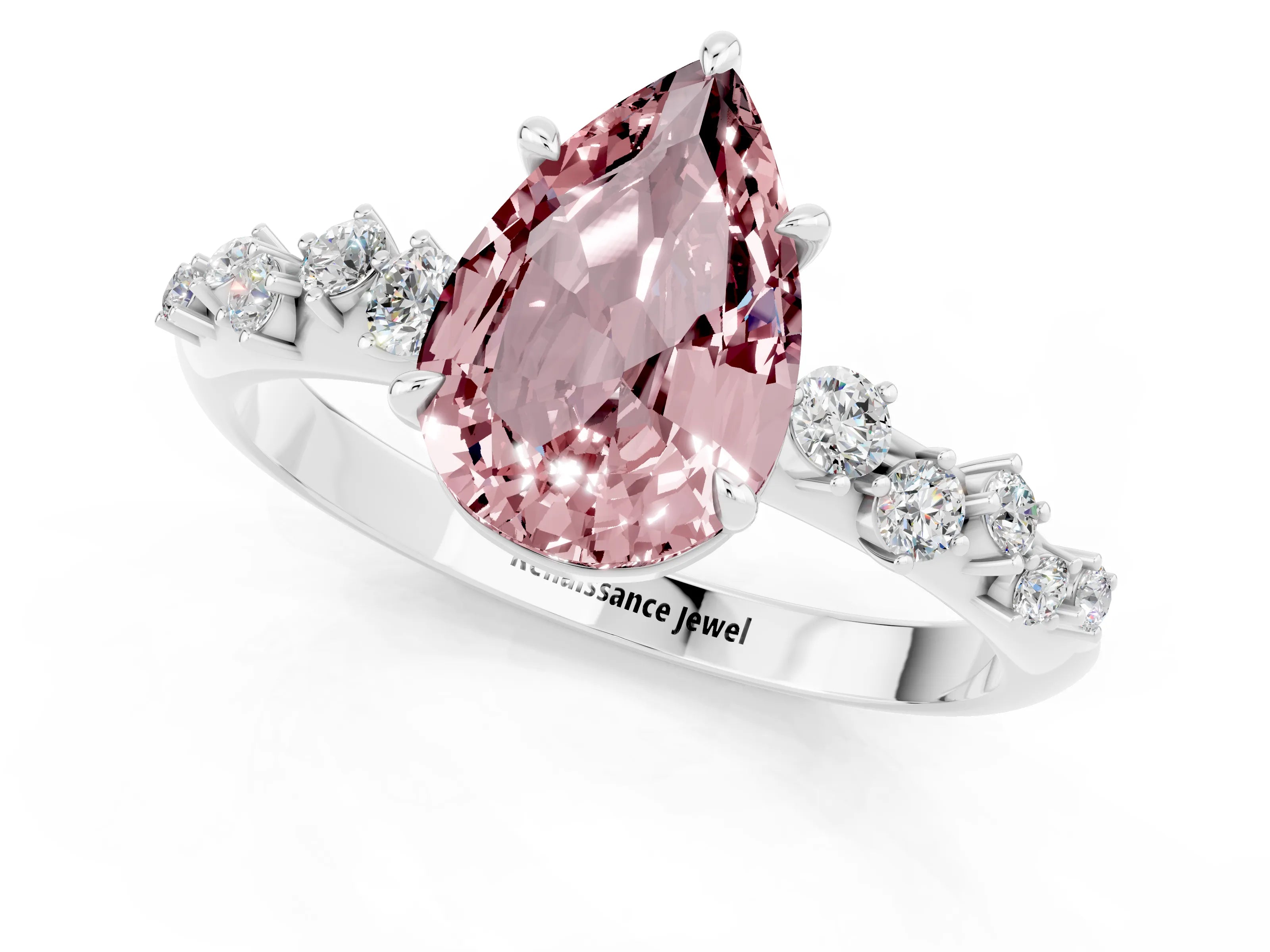 White gold Pear Cut Morganite Cluster Side Stone Solitaire Ring with Prong Setting_25