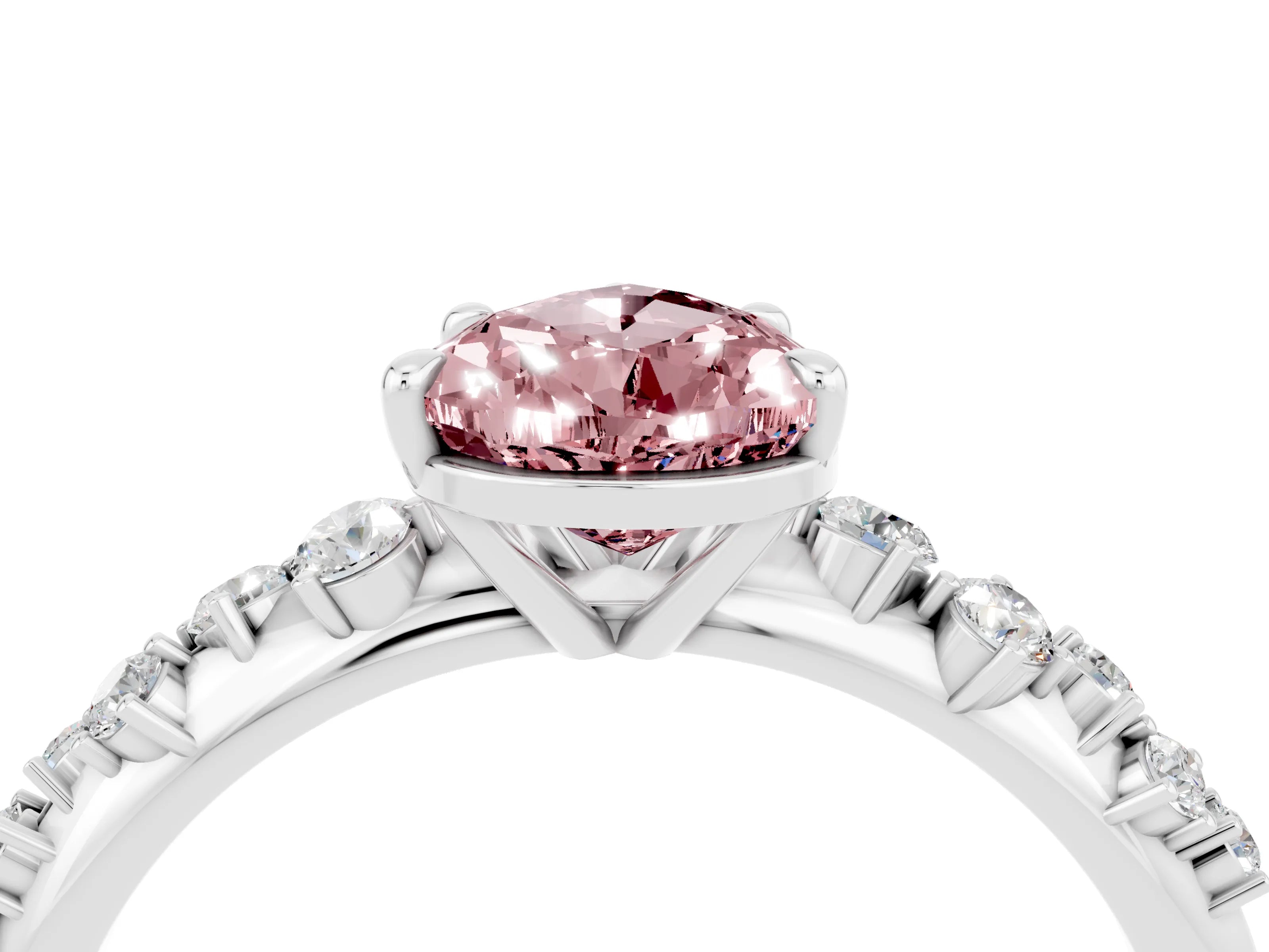 White gold Pear Cut Morganite Cluster Side Stone Solitaire Ring with Prong Setting_28